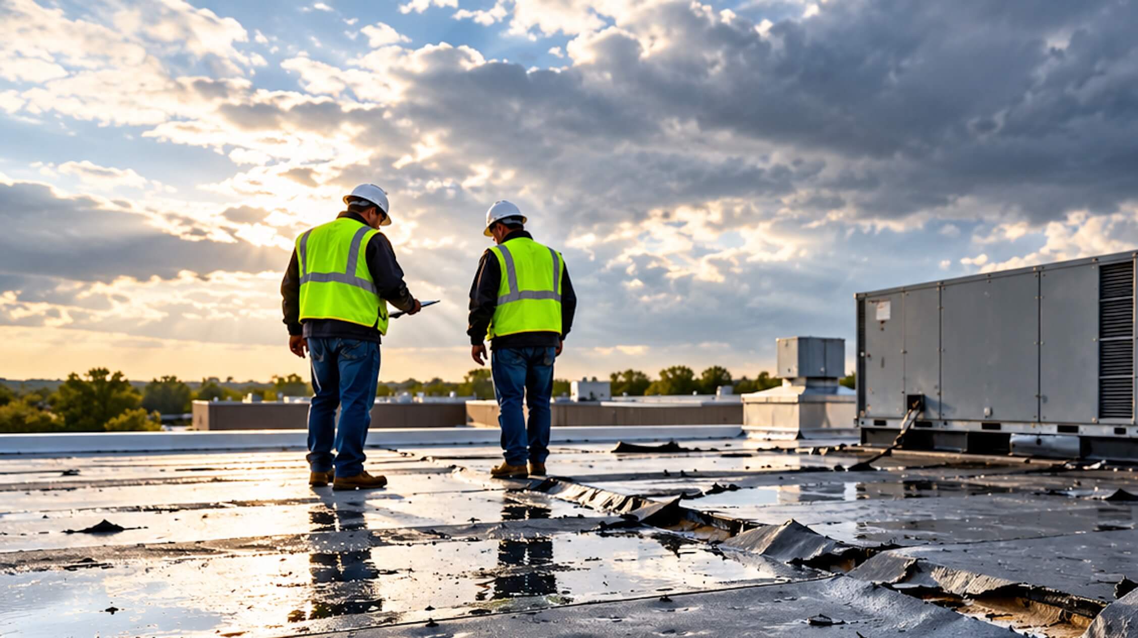 Commercial roof storm damage inspection showing roofing professionals examining a damaged flat roof